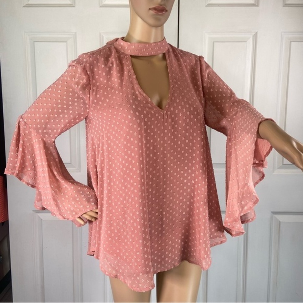Band of Gypsies Floral Appliqué Bell Sleeve Sheer Blouse - Picture 5 of 17